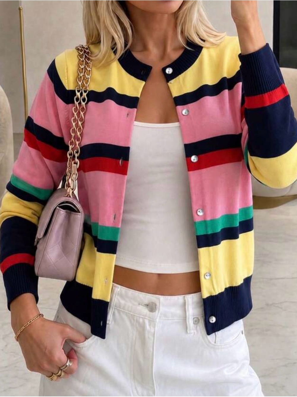 Striped Multi-Color Cardigan Sweater - Pink, Yellow & Navy